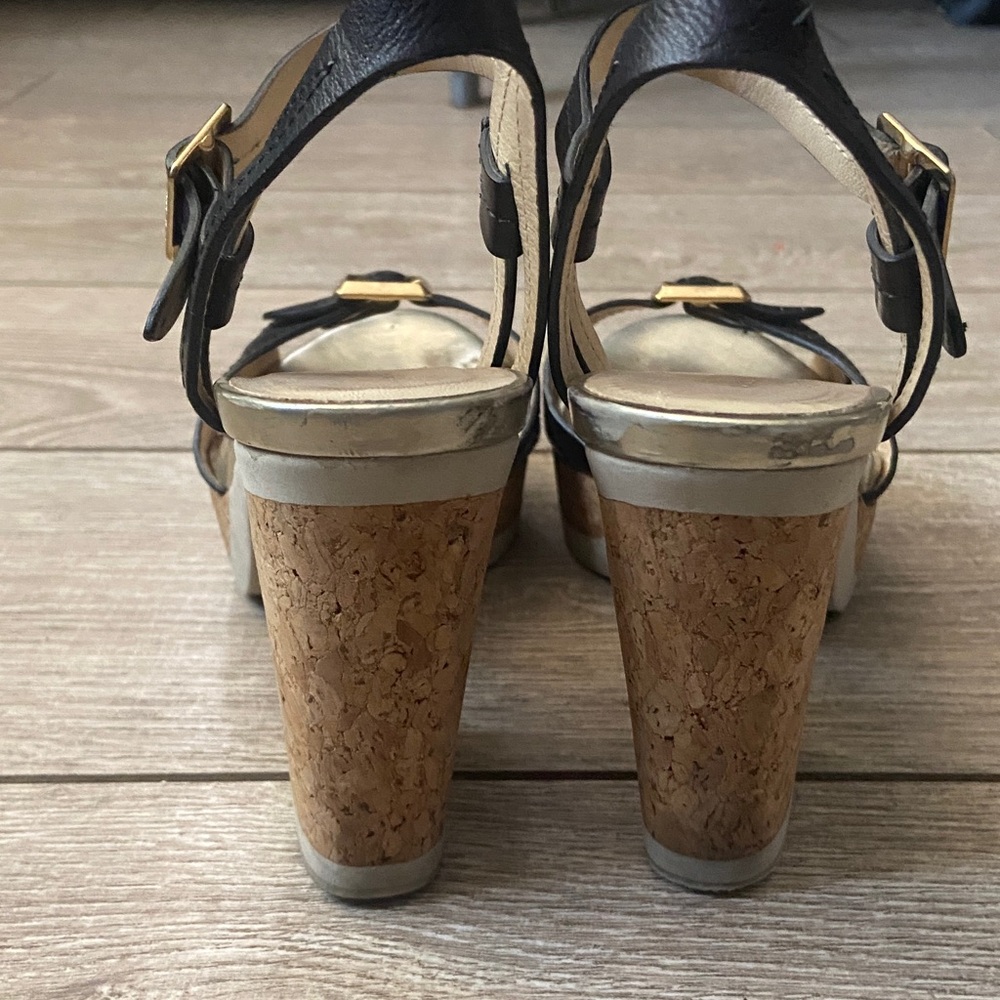 Jimmy Choo Black Leather Cork Platform Sandals with Gold Hardware - Picture 3 of 6